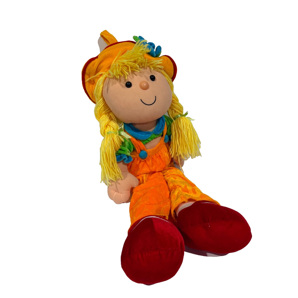 Goffa Plush Rag Doll Vtg Blonde Yarn Hair Orange Overall Hat Stuffed Toy 28”